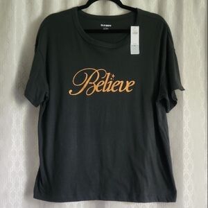 Old Navy Women's Dark Gray Tee with Gold 'Believe' Graphic